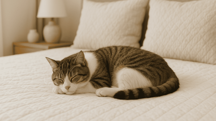 Un chat qui dort sur un lit
