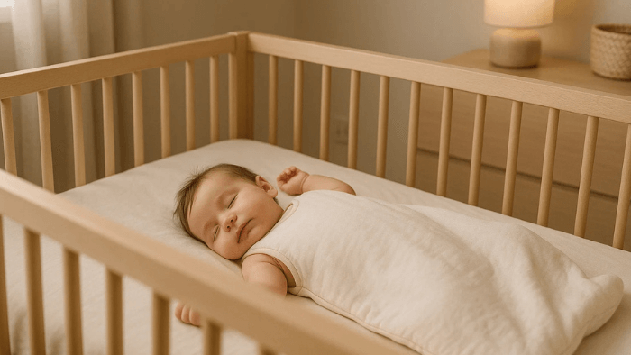 Bébé de 6 mois dormant paisiblement en gigoteuse coton dans une chambre à 20°C