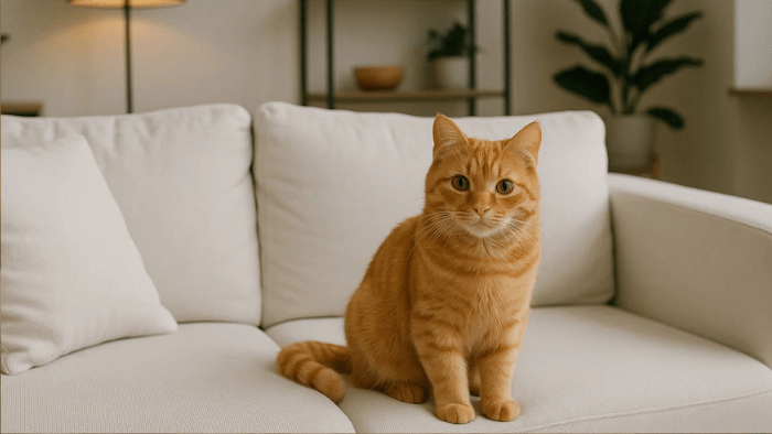 chat roux sur un canapé blanc