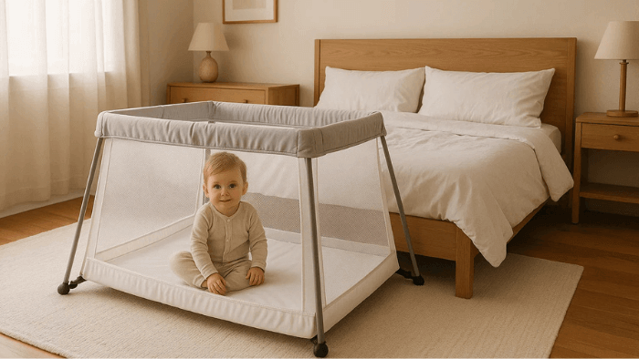enfant dans lit parapluie