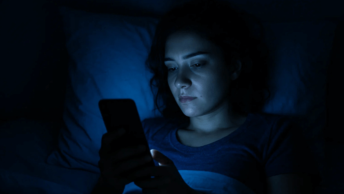 femme-lumière-bleue-téléphone