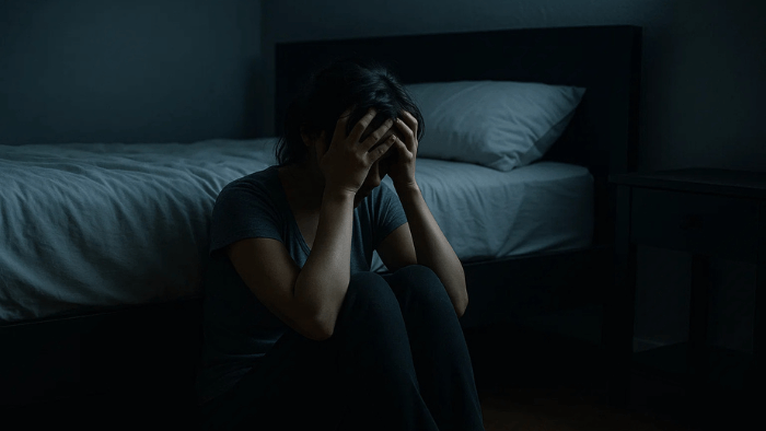 femme stress au pied du lit