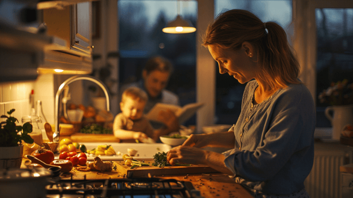 Méthode familiale pour améliorer le sommeil enfant : préparation du dîner en famille