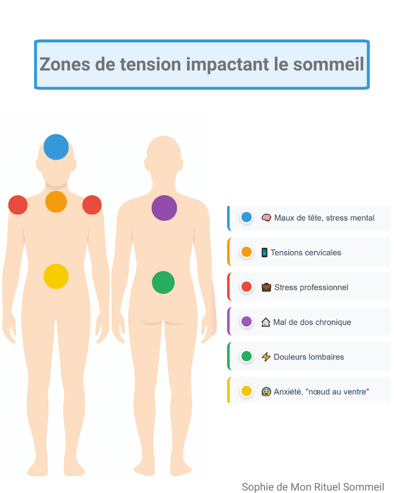 Schéma des zones de tension corporelles impactant le sommeil - microkinésithérapie