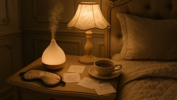 Table de chevet avec cartes d'affirmations positives, diffuseur huiles essentielles et éclairage doux pour sommeil réparateur