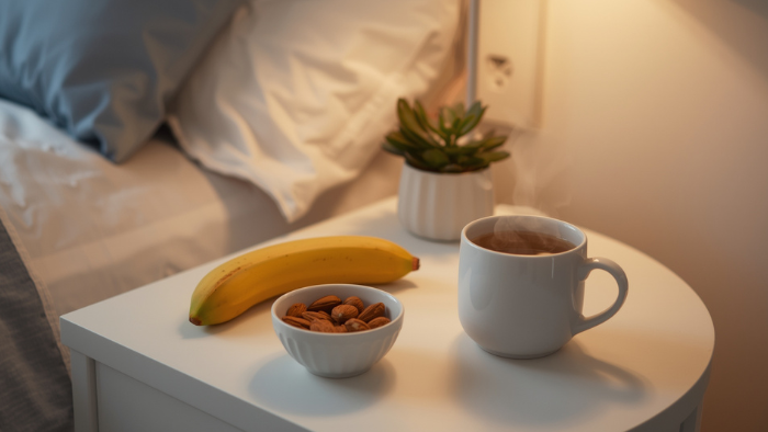 Banane, amandes et tisane de camomille sur table de nuit apaisante