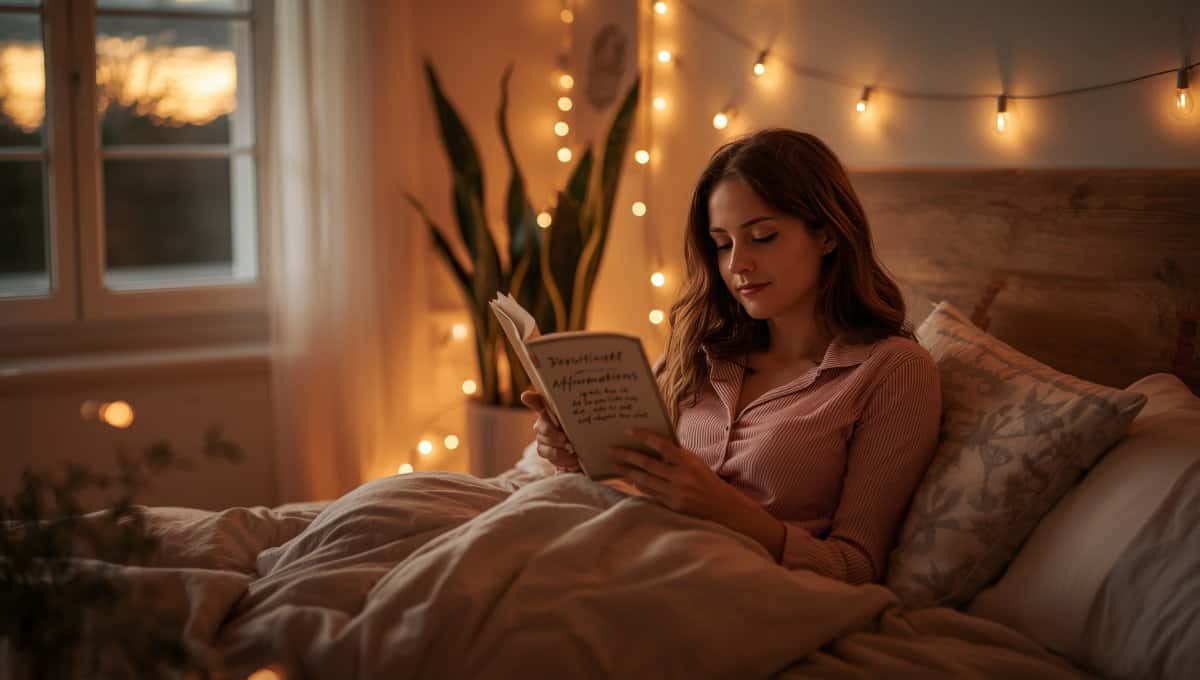 Femme sereine en pyjama lisant des citations positives dans son lit le soir, ambiance cosy avec lumière douce pour un rituel de coucher apaisant