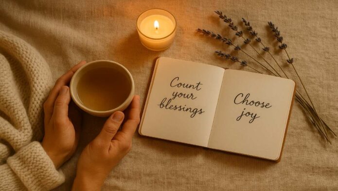 Journal ouvert avec citations de détente manuscrites, tasse de tisane et bougie allumée pour rituel du soir apaisant
