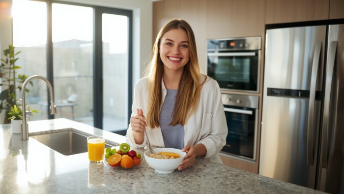 Sophie éducatrice spécialisée sommeil prépare petit-déjeuner protéiné matinal dans sa cuisine moderne lumineuse