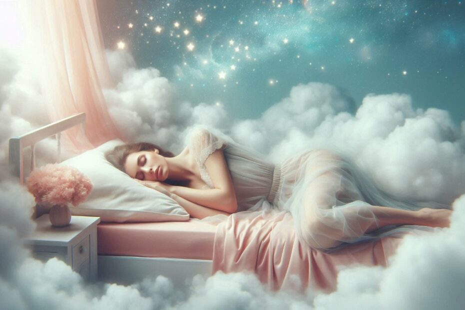 femme paisible qui rêve de dormir entourée de nuages doux et d'étoiles, ambiance onirique