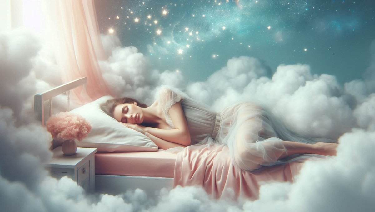 femme paisible qui rêve de dormir entourée de nuages doux et d'étoiles, ambiance onirique