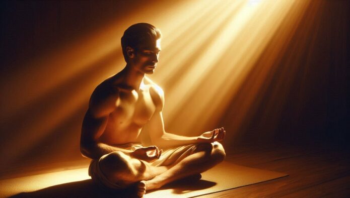 Homme en méditation dans position de sommeil baigné de lumière dorée spirituelle
