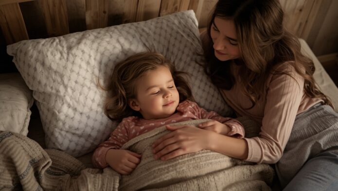 Maman bordant tendrement enfant 4 ans, rituel coucher serein