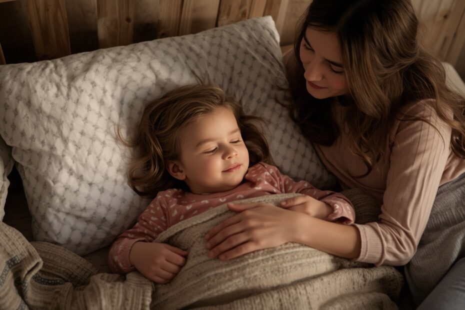 Maman bordant tendrement enfant 4 ans, rituel coucher serein