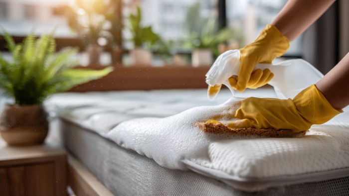 Application de mousse bicarbonate et eau oxygénée sur coin de matelas avec mains gantées, technique spécialisée de nettoyage