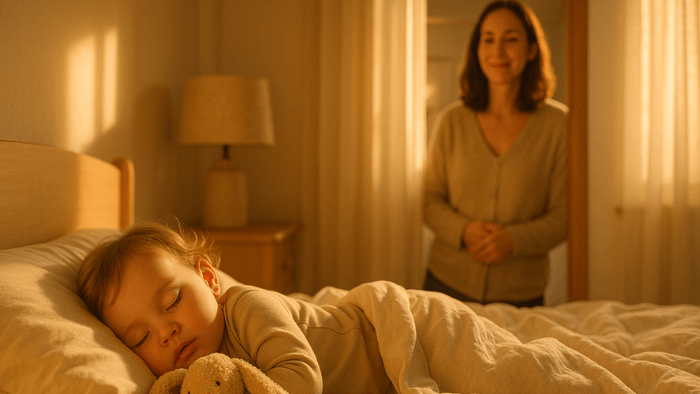 Maman appliquant protocole réconfort express à bébé 18 mois dans son lit pendant régression sommeil