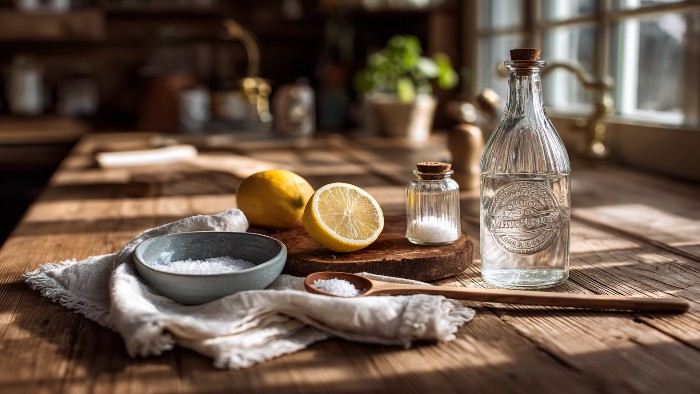 Remèdes traditionnels de grand-mère contre les taches de sang : vinaigre blanc, gros sel, citron coupé sur table en bois vintage