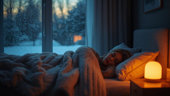 Femme dormant paisiblement en hiver avec lampe luminothérapie contre dépression saisonnière