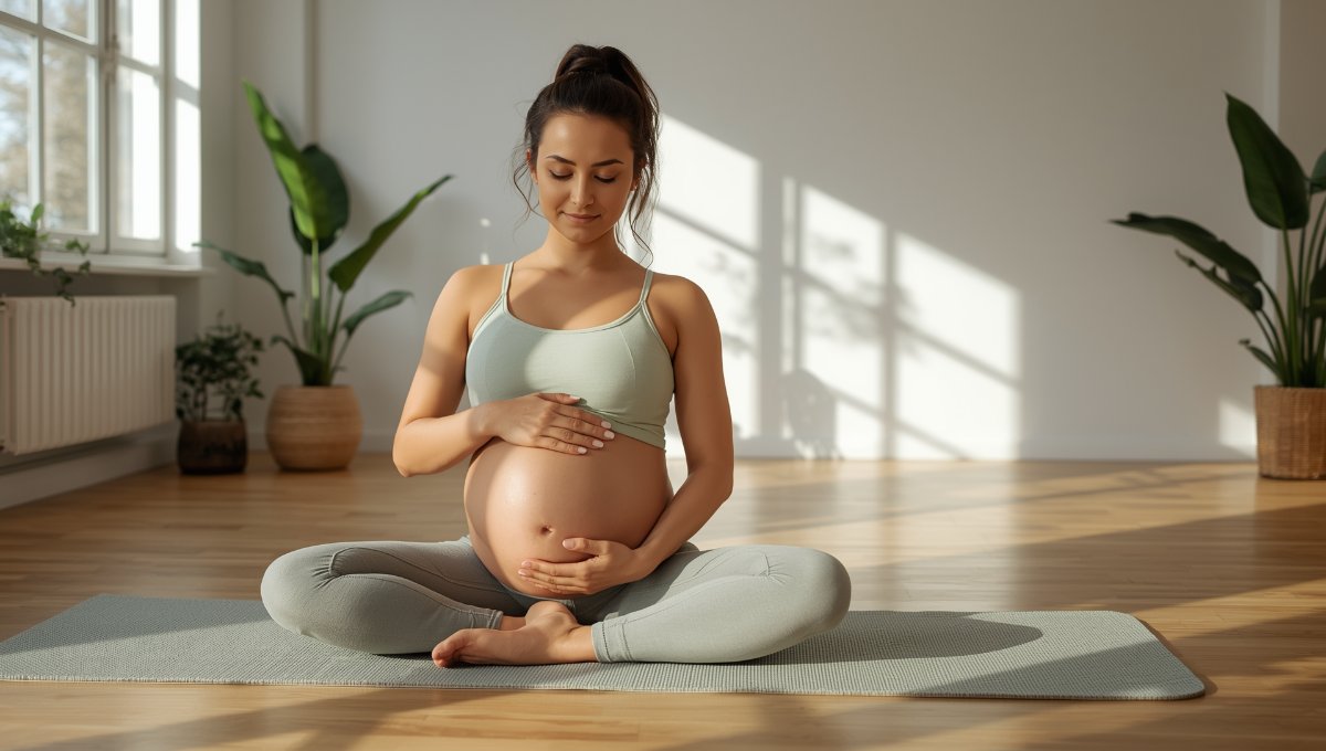 Femme enceinte pratiquant le yoga prénatal au 3ème trimestre dans une pièce lumineuse, exercice doux et sécurisé pour améliorer le sommeil pendant la grossesse