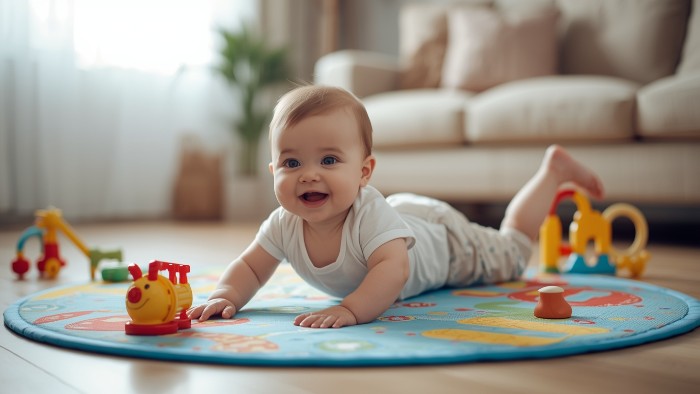 Bébé jouant librement sur un tapis d'éveil au sol, meilleure alternative au Jumperoo pour le développement moteur