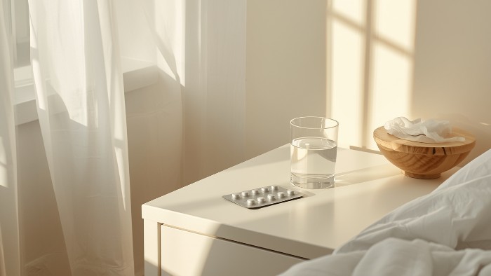Blister d'amoxicilline et boîte de Doliprane sur une table de chevet avec un verre d'eau dans une chambre lumineuse