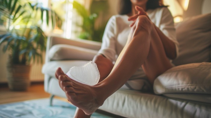 Femme appliquant une poche de froid sur le côté externe du pied pour soulager la douleur du nerf sural