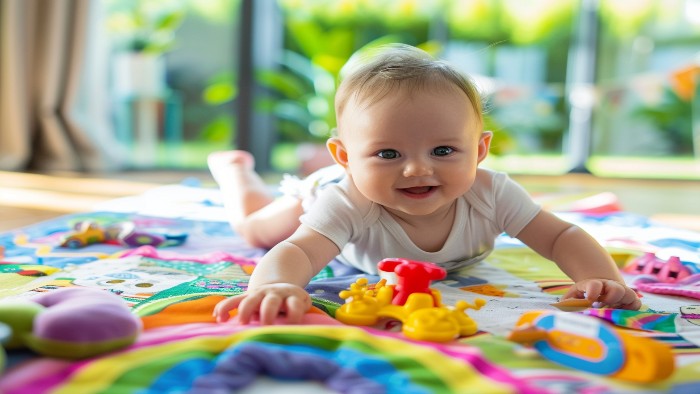 Bébé de 8 mois actif en train de ramper et jouer pendant la journée sur un tapis