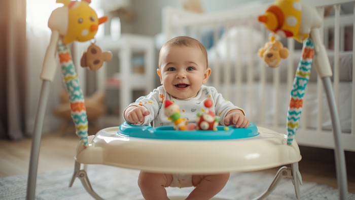 Bébé de 6 mois utilisant un Jumperoo de manière sécuritaire avec les pieds à plat selon les recommandations pédiatriques