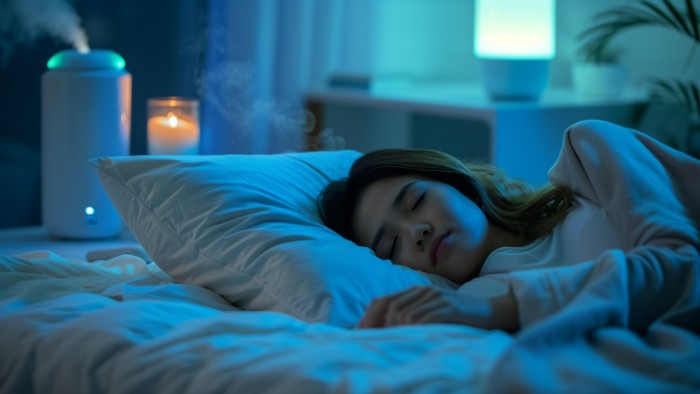 Femme dormant paisiblement avec la tête surélevée et un humidificateur dans une chambre optimisée pour respirer malgré le nez bouché
