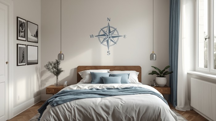 Chambre à coucher apaisante avec lit orienté vers le nord pour un sommeil optimal