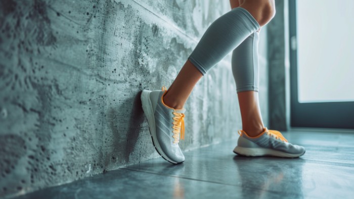 Démonstration d'étirement du mollet contre un mur pour prévenir les douleurs du nerf sural