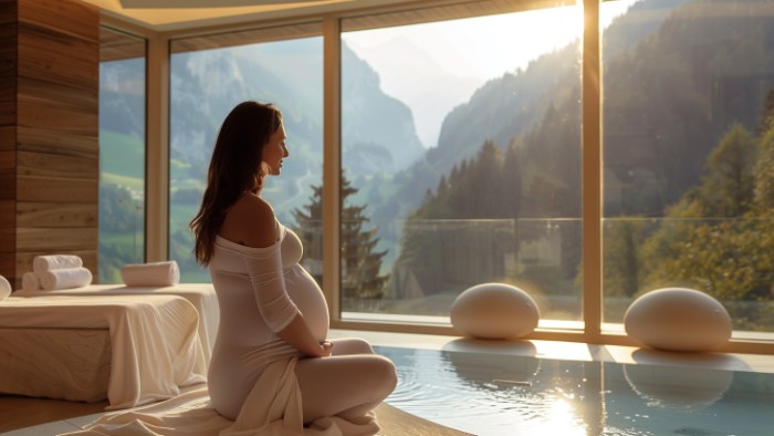 Femme enceinte se détendant dans un spa de montagne, moment de bien-être pendant la grossesse