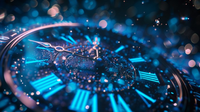 Heure miroir 01h10 affichée sur une horloge avec une atmosphère spirituelle et lumineuse symbolisant les messages de l'univers