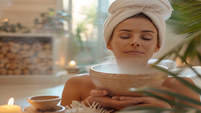 Femme pratiquant une inhalation de vapeur d'eau chaude avec huile essentielle d'eucalyptus pour dégager son nez bouché avant le coucher