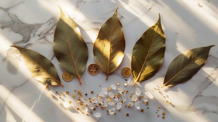 Trois feuilles de laurier avec pièces dorées sur marbre pour rituel prospérité financière