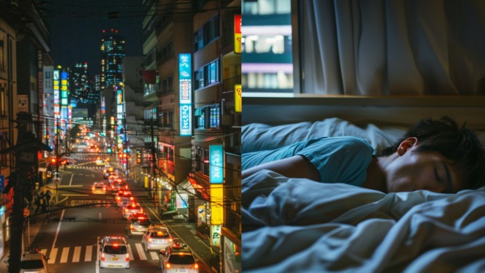 Illustration du masquage des bruits nocturnes urbains grâce aux Ozlo Sleepbuds pour un sommeil paisible