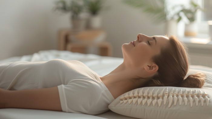 Femme dormant sur le dos avec alignement cervical optimal grâce à un oreiller ergonomique, illustration médicale montrant la colonne vertébrale bien alignée