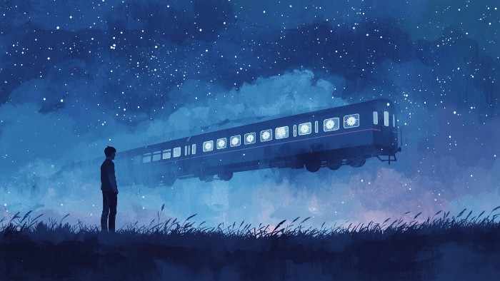 Le train du sommeil chez l'adulte représenté avec cycles de 90 minutes dans un ciel nocturne