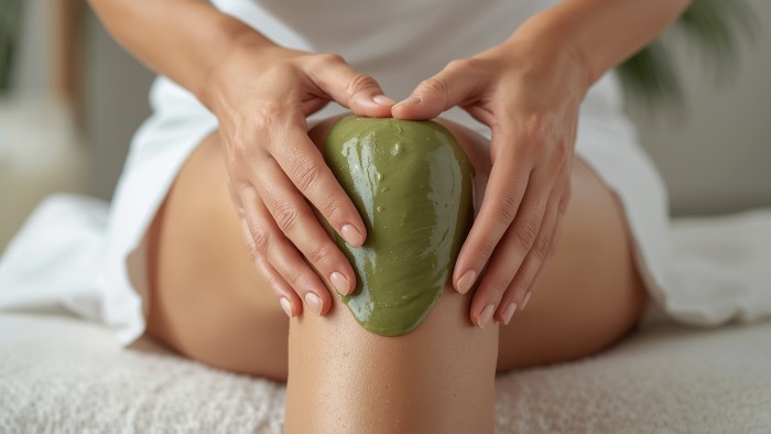 Application du gel Phytargile sur un genou pour soulager les douleurs d'arthrose