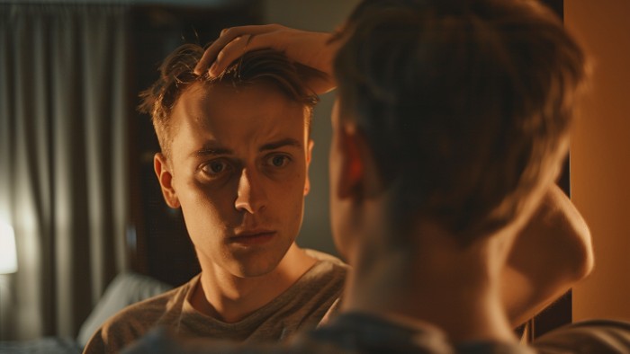 Jeune homme de 20 ans observant ses cheveux dans le miroir, inquiet de la calvitie précoce