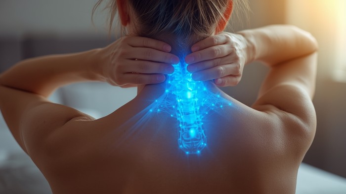 Femme massant ses trapèzes tendus avec visualisation des points de tension dans le haut du dos