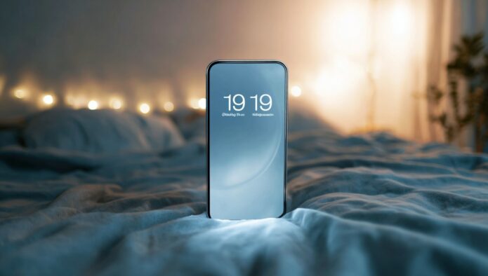 Écran de téléphone affichant l'heure miroir 19h19 dans une ambiance apaisante