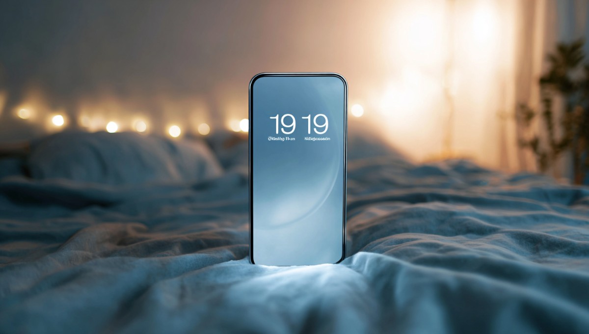 Écran de téléphone affichant l'heure miroir 19h19 dans une ambiance apaisante