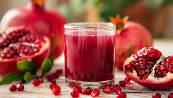 Verre de jus de grenade frais entouré de graines et fruit coupé sur table en bois clair