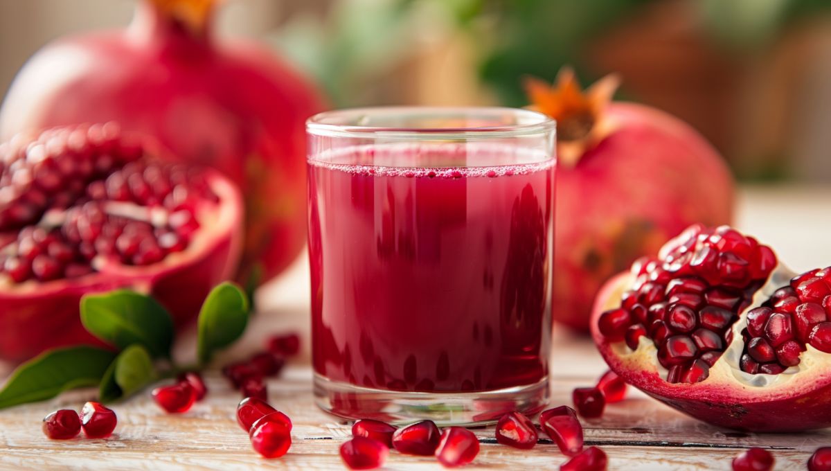 Verre de jus de grenade frais entouré de graines et fruit coupé sur table en bois clair