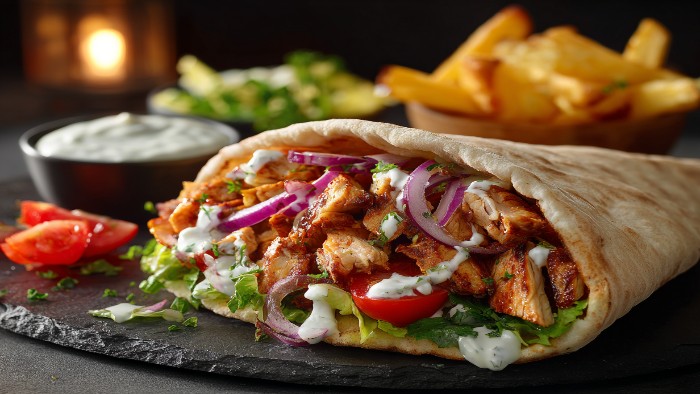 Kebab au poulet avec crudités et sauce à part, version plus légère pour réduire les calories.