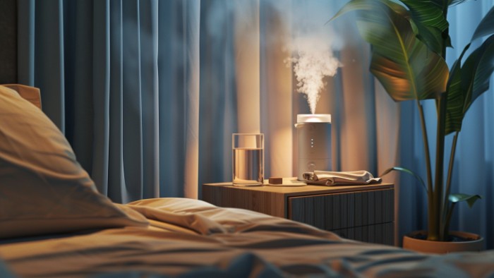 Chambre à coucher paisible la nuit avec humidificateur pour prévenir les saignements de nez