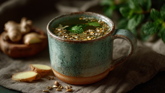 Tisane pour évacuer les gaz avec menthe, fenouil et gingembre, en photo réaliste.