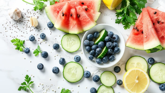 Assortiment d'aliments naturels bons pour les reins disposés sur un plan de travail : pastèque, myrtilles, persil, ail et citron