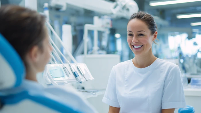 Chirurgien-dentiste du cabinet du Médipôle expliquant un traitement à un patient dans un environnement rassurant
